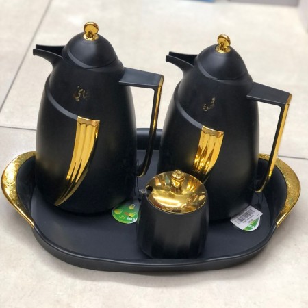 طقم ثيرموس قهوة + شاي مع صينية و سكرية عضم سادة يد ووشاح مذهب ابيض - بيج - اسود